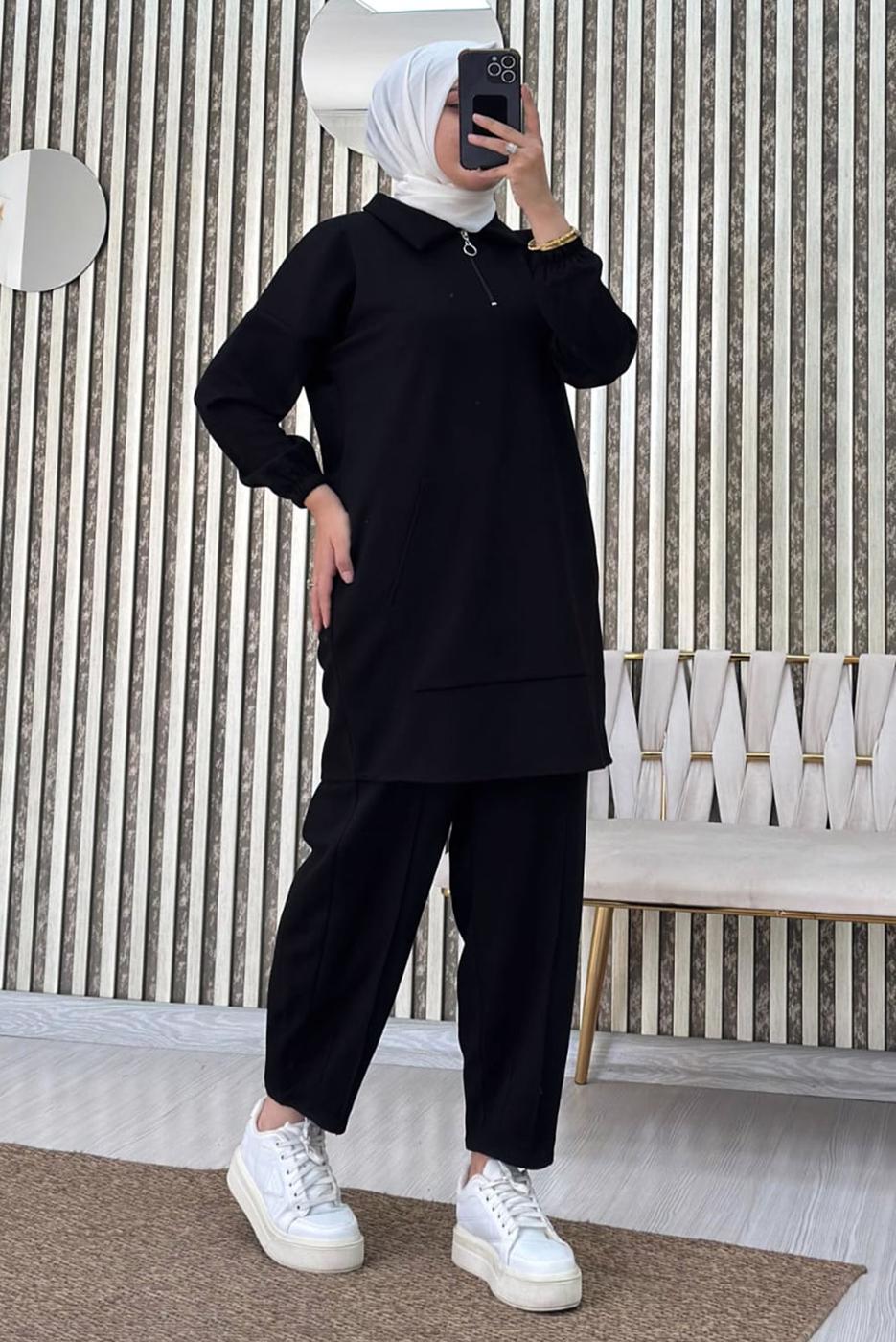 Tesettür giyim SİYAH FERMUARLI YAKA PANTOLONLU TAKIM T 4965