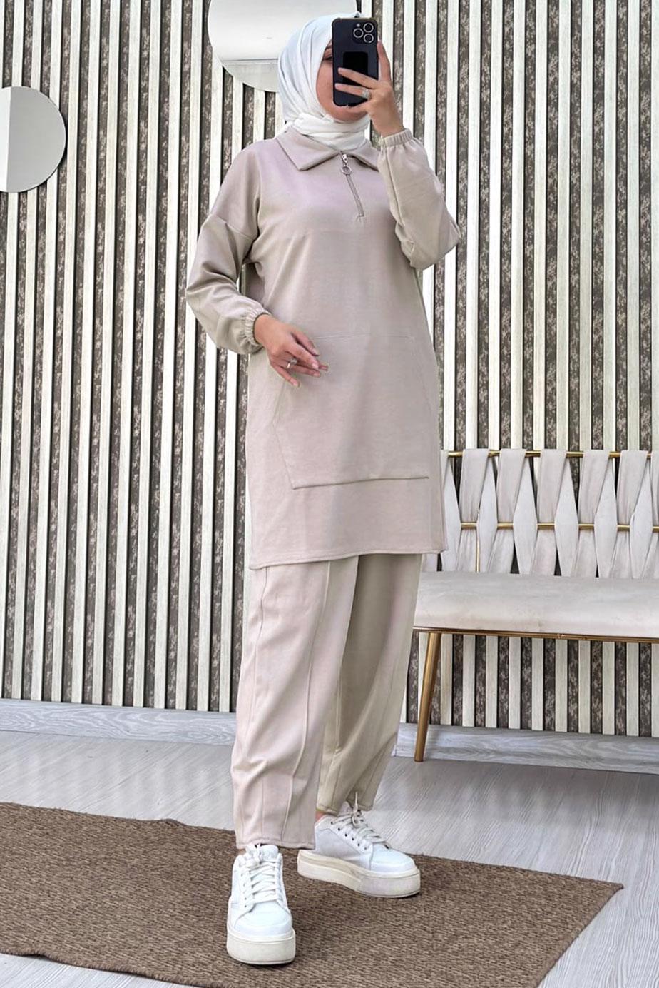 Tesettür giyim BEJ FERMUARLI YAKA PANTOLONLU TAKIM T 4965