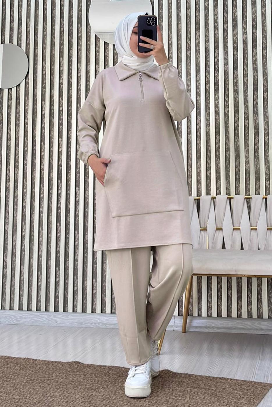 Tesettür giyim BEJ FERMUARLI YAKA PANTOLONLU TAKIM T 4965