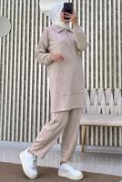 Tesettür giyim BEJ FERMUARLI YAKA PANTOLONLU TAKIM T 4965