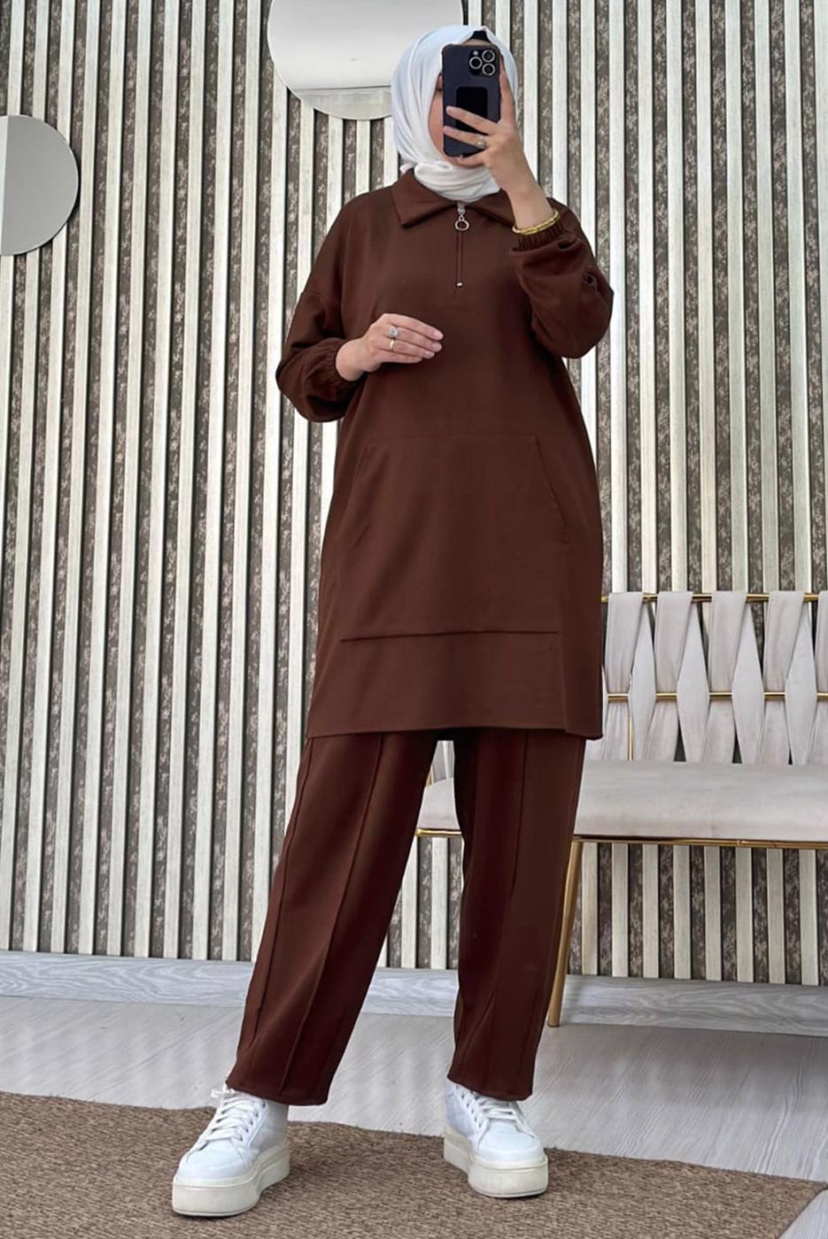 Tesettür giyim KAHVE FERMUARLI YAKA PANTOLONLU TAKIM T 4965