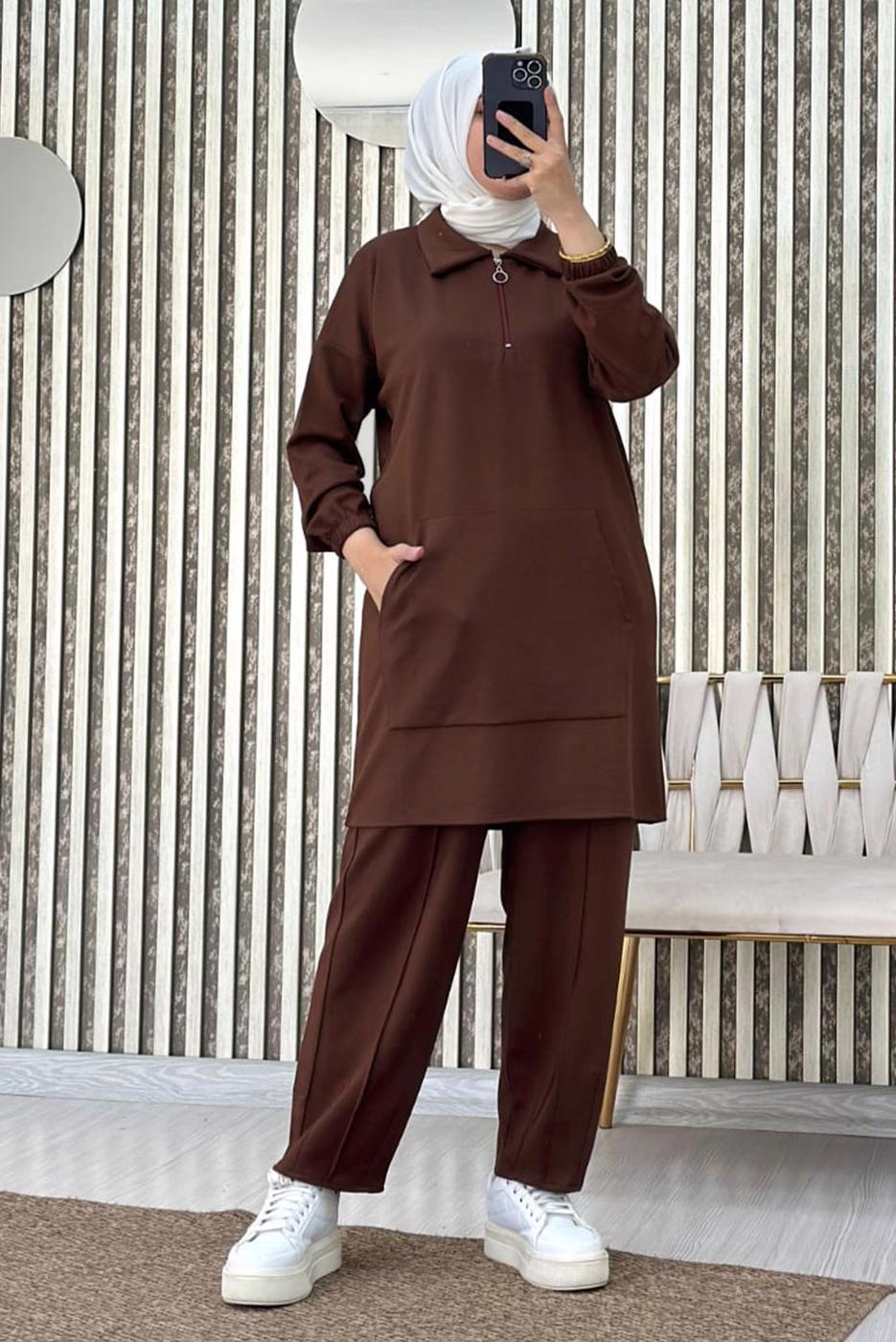 Tesettür giyim KAHVE FERMUARLI YAKA PANTOLONLU TAKIM T 4965