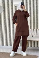 Tesettür giyim KAHVE FERMUARLI YAKA PANTOLONLU TAKIM T 4965