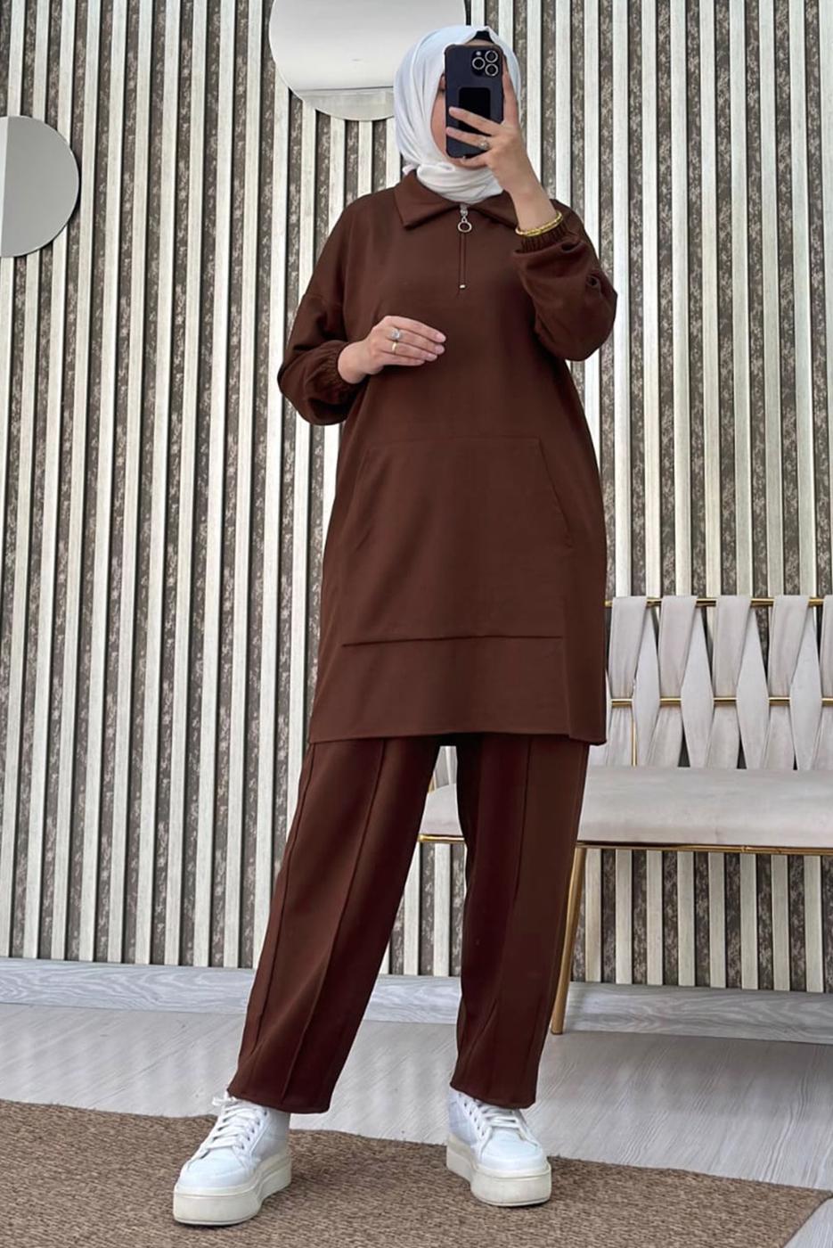 Tesettür giyim KAHVE FERMUARLI YAKA PANTOLONLU TAKIM T 4965