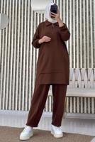 Tesettür giyim KAHVE FERMUARLI YAKA PANTOLONLU TAKIM T 4965