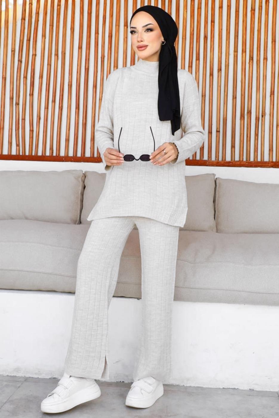 Tesettür giyim BEJ PANTOLONLU TRİKO TAKIM T 50032
