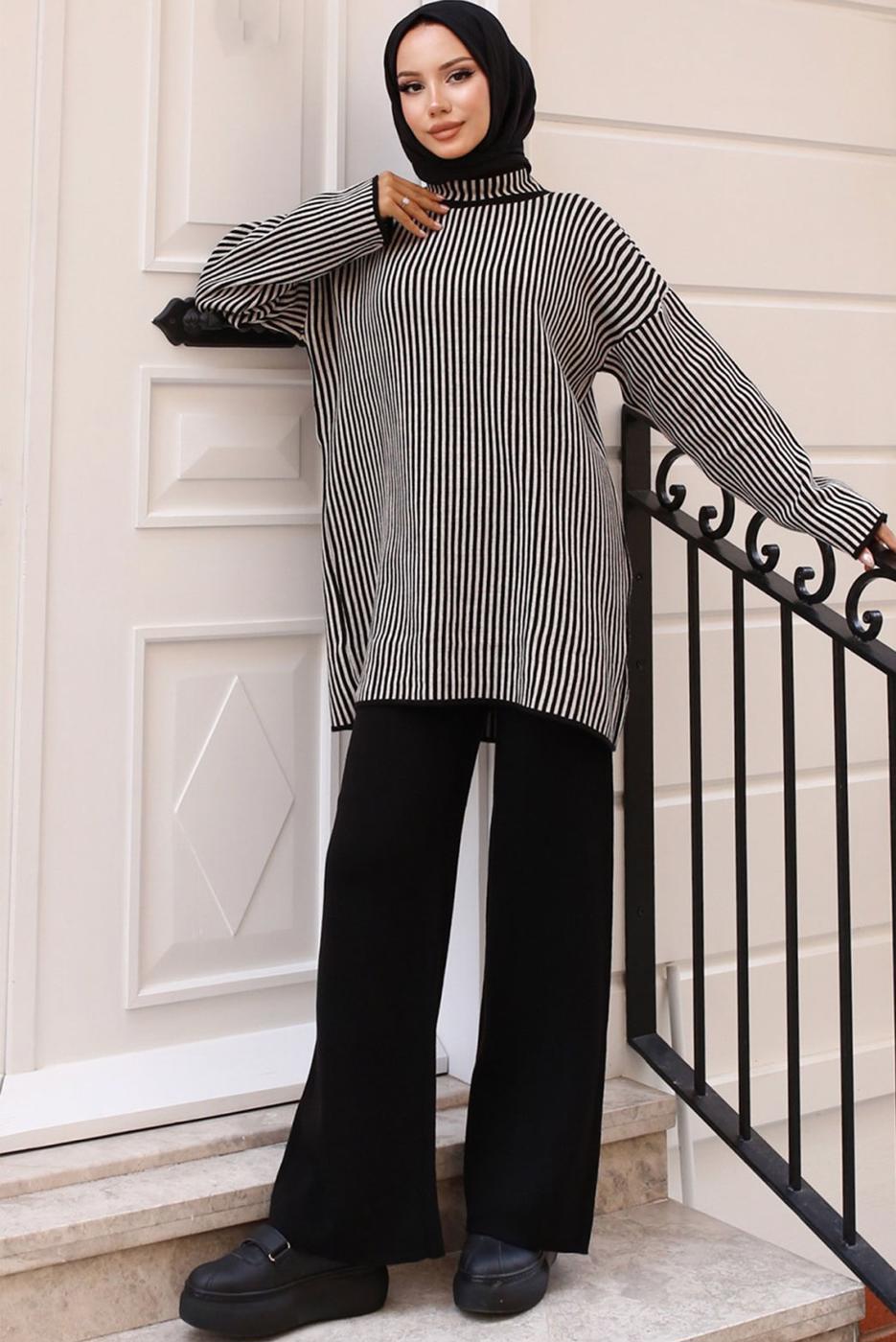 Tesettür giyim SİYAH PANTOLONLU TRİKO TAKIM T 50042