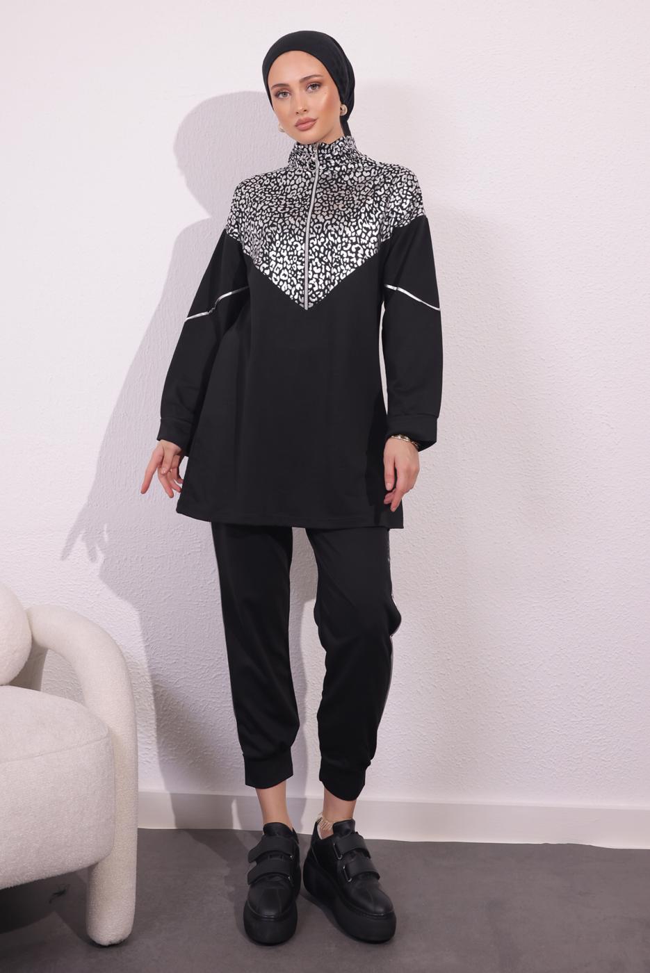 Tesettür giyim SİYAH İKİ İPLİK PANTOLONLU TAKIM T 5054