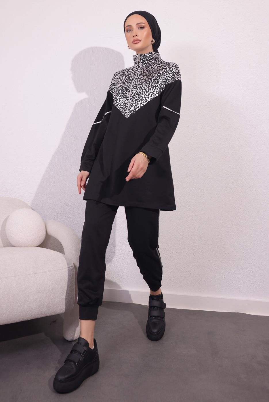 Tesettür giyim SİYAH İKİ İPLİK PANTOLONLU TAKIM T 5054