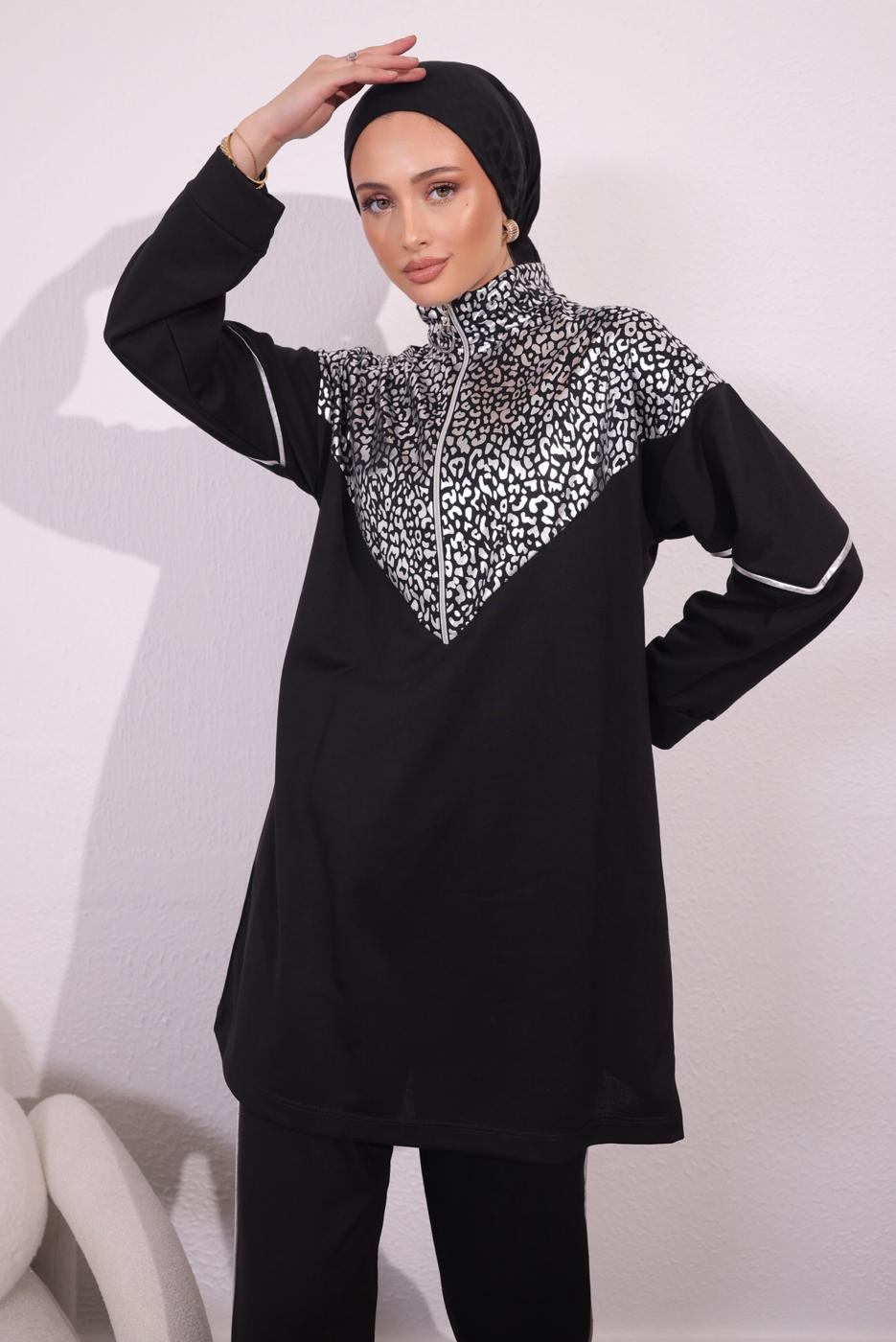 Tesettür giyim SİYAH İKİ İPLİK PANTOLONLU TAKIM T 5054