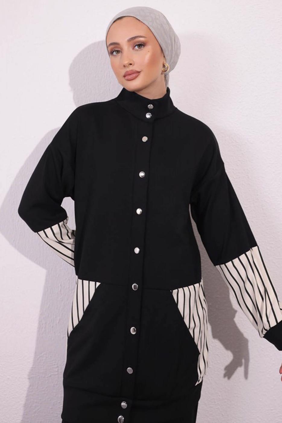 Tesettür giyim SİYAH ÖRME PANTOLONLU TAKIM T 5154