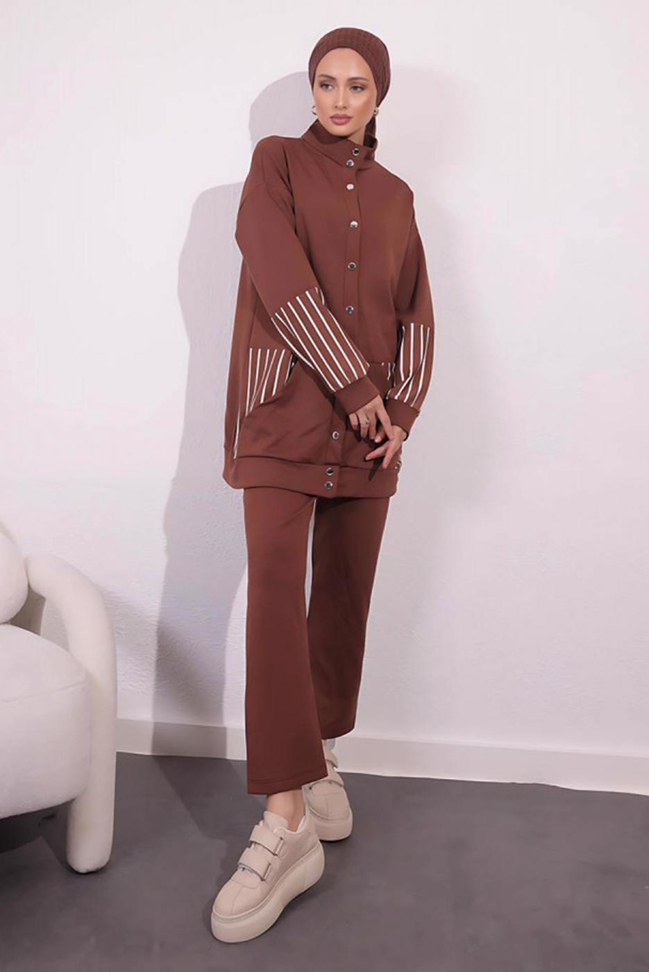 Tesettür giyim KAHVE ÖRME PANTOLONLU TAKIM T 5154