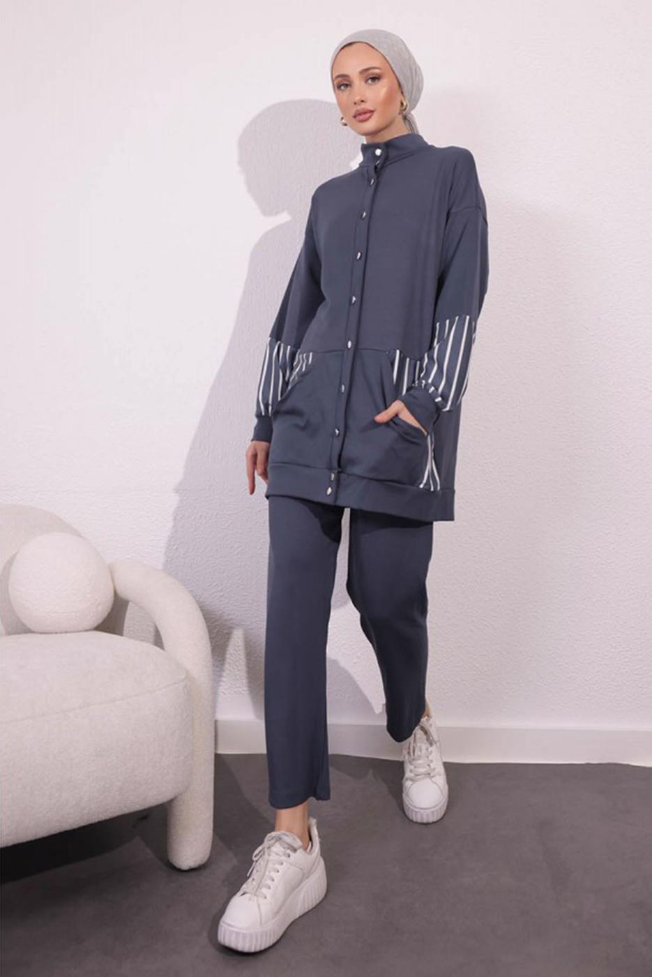 Tesettür giyim GRİ ÖRME PANTOLONLU TAKIM T 5154