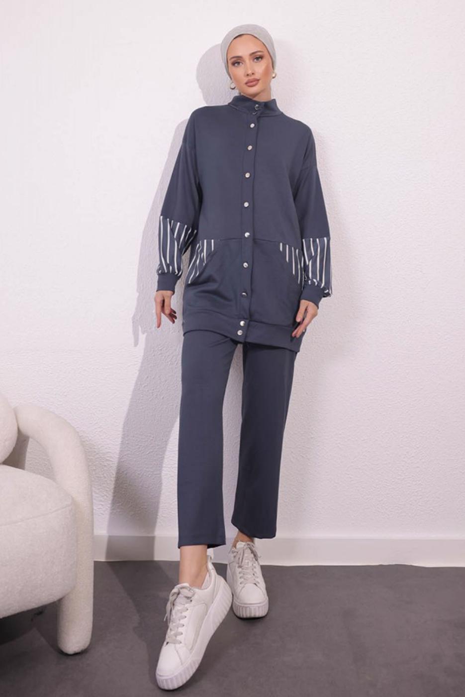 Tesettür giyim GRİ ÖRME PANTOLONLU TAKIM T 5154