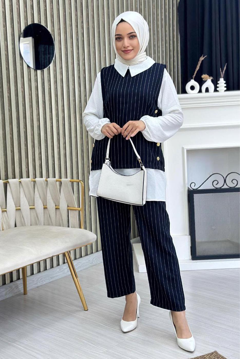 Vêtements hijab BLEU MARINE COSTUME 3 PIÈCES GILET À RAYURES T 5274