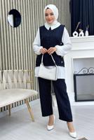Vêtements hijab BLEU MARINE COSTUME 3 PIÈCES GILET À RAYURES T 5274