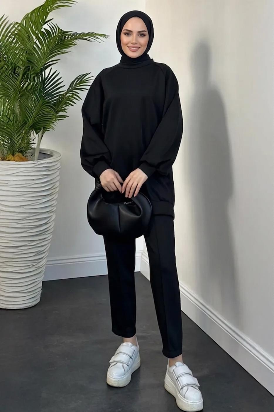 Tesettür giyim SİYAH PANTOLONLU SCUBA TAKIM T 5316