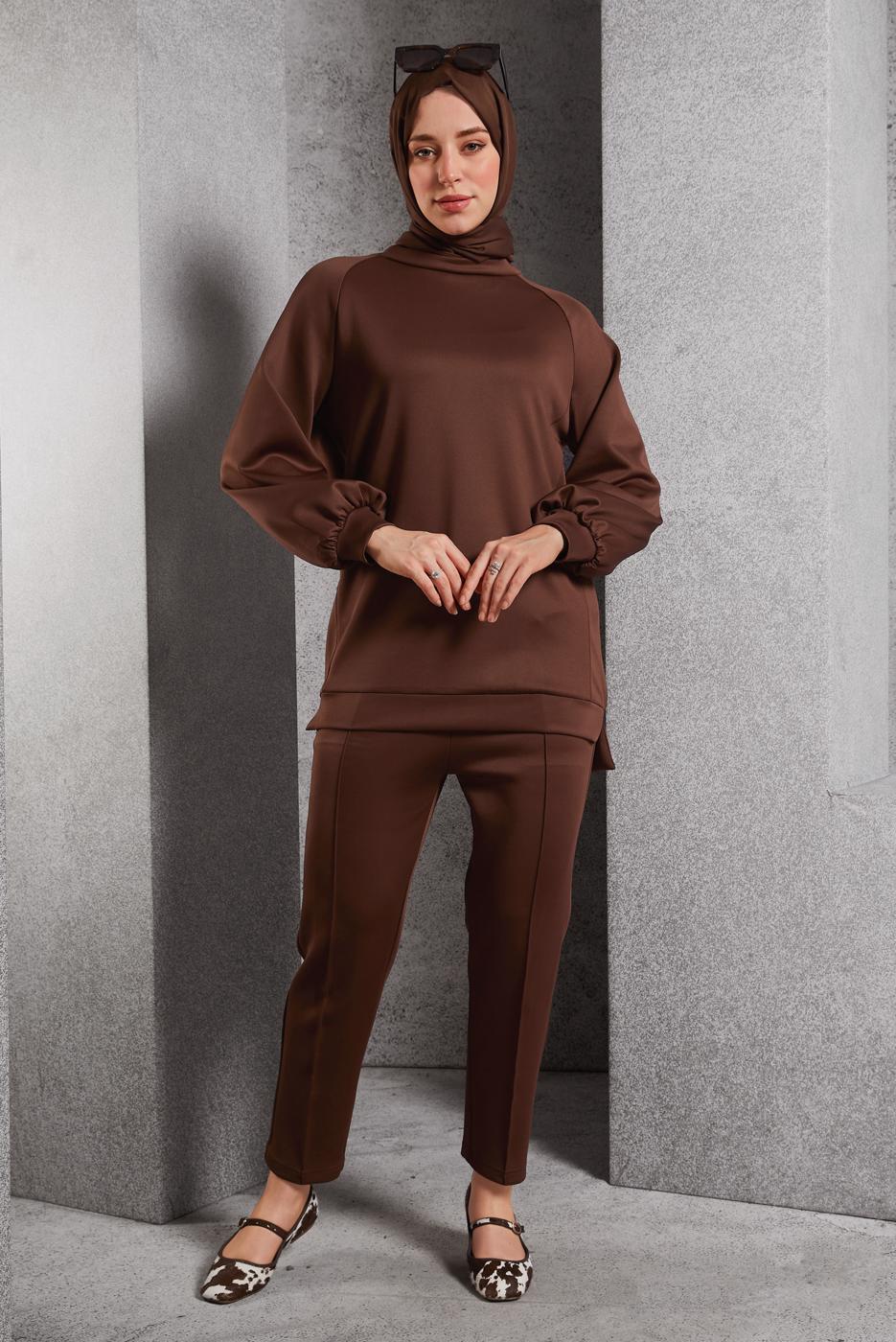 Tesettür giyim KAHVE PANTOLONLU SCUBA TAKIM T 5316