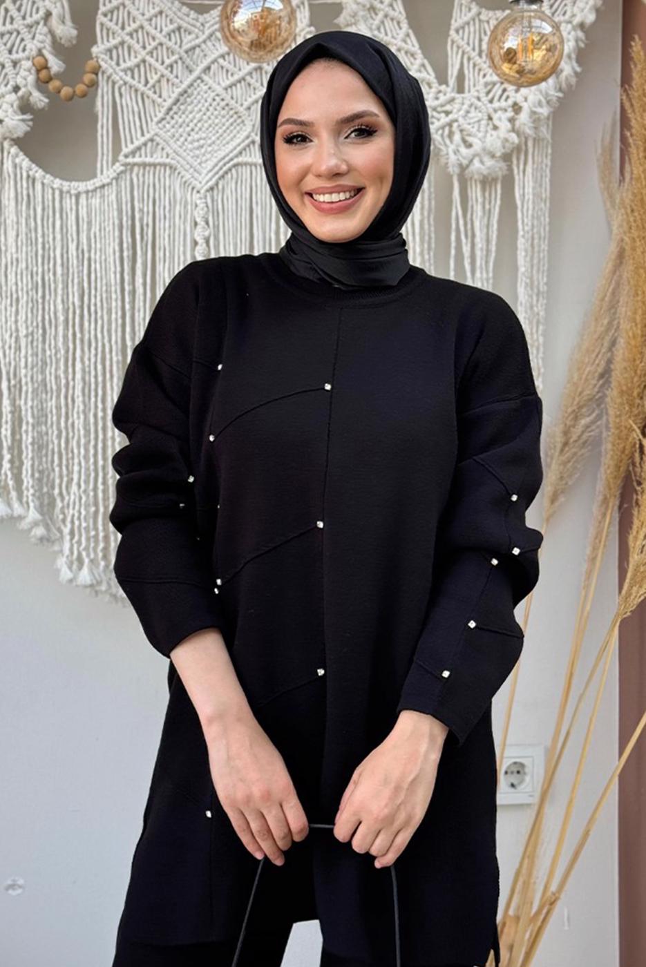 Vêtements hijab NOIR PANTALON DE COSTUME EN MAILLE AVEC BIJOU T 5451-2