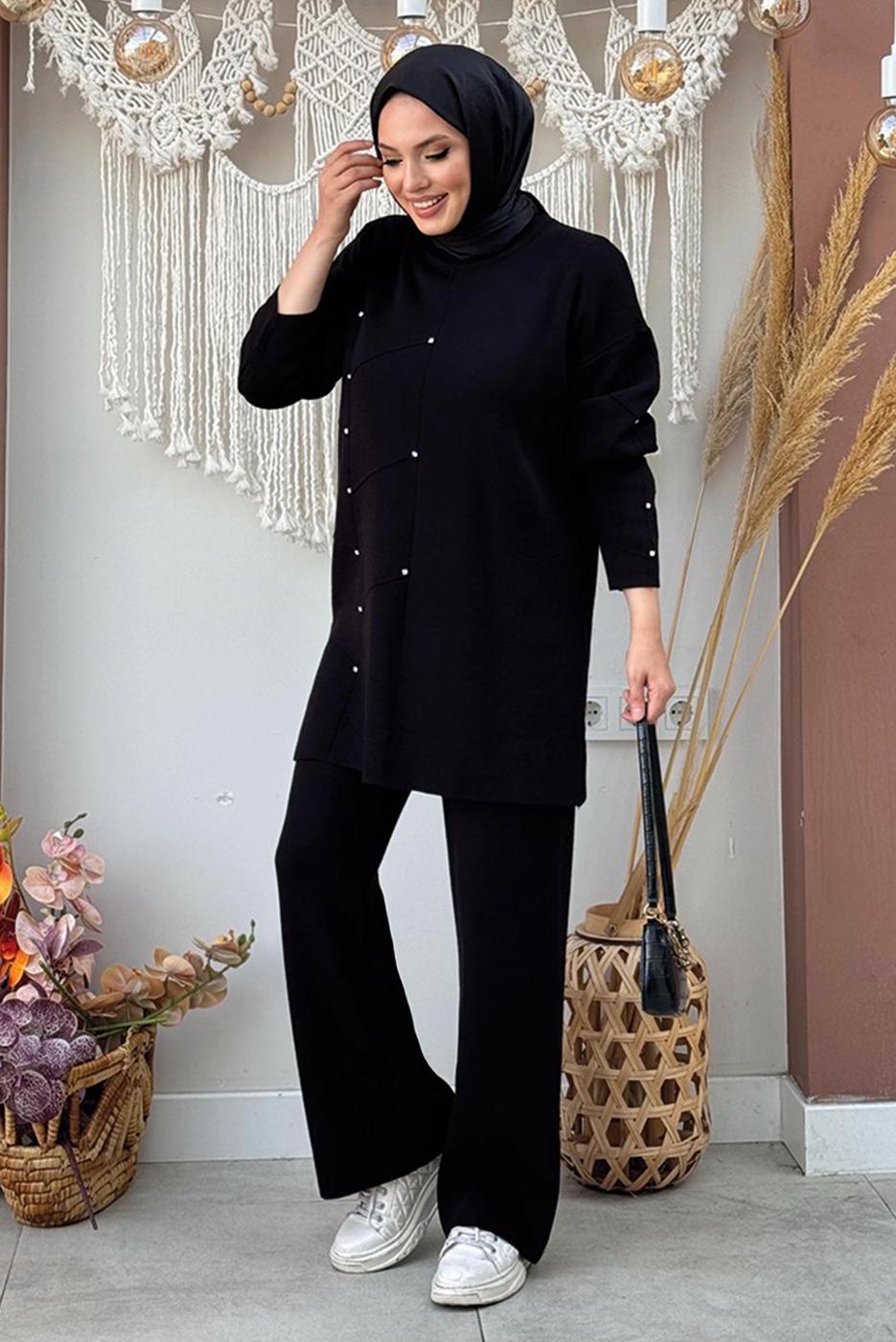 Vêtements hijab NOIR PANTALON DE COSTUME EN MAILLE AVEC BIJOU T 5451-2