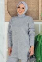 Tesettür giyim GRİ TAŞLI PANTOLONLU TRİKO TAKIM T 5451-2