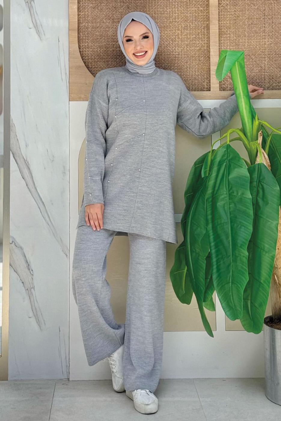 Tesettür giyim GRİ TAŞLI PANTOLONLU TRİKO TAKIM T 5451-2