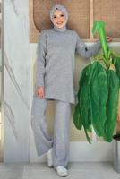 Tesettür giyim GRİ TAŞLI PANTOLONLU TRİKO TAKIM T 5451-2