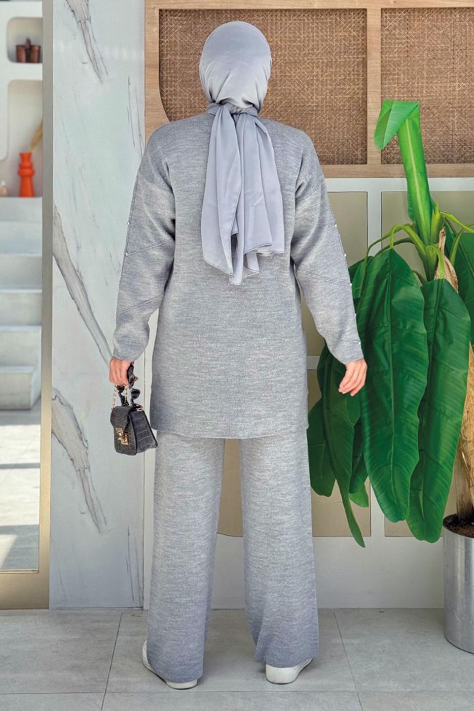 Tesettür giyim GRİ TAŞLI PANTOLONLU TRİKO TAKIM T 5451-2