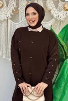 Tesettür giyim KAHVE TAŞLI PANTOLONLU TRİKO TAKIM T 5451-2