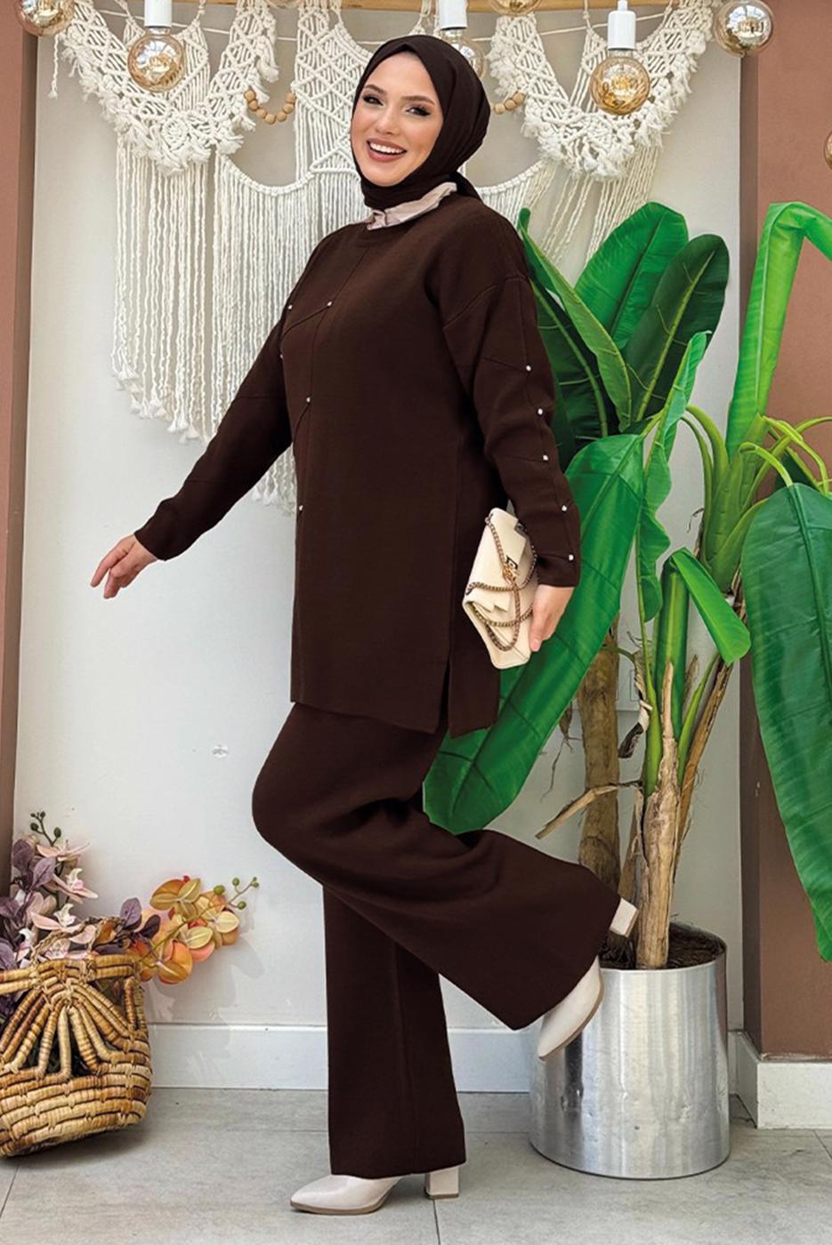 Tesettür giyim KAHVE TAŞLI PANTOLONLU TRİKO TAKIM T 5451-2