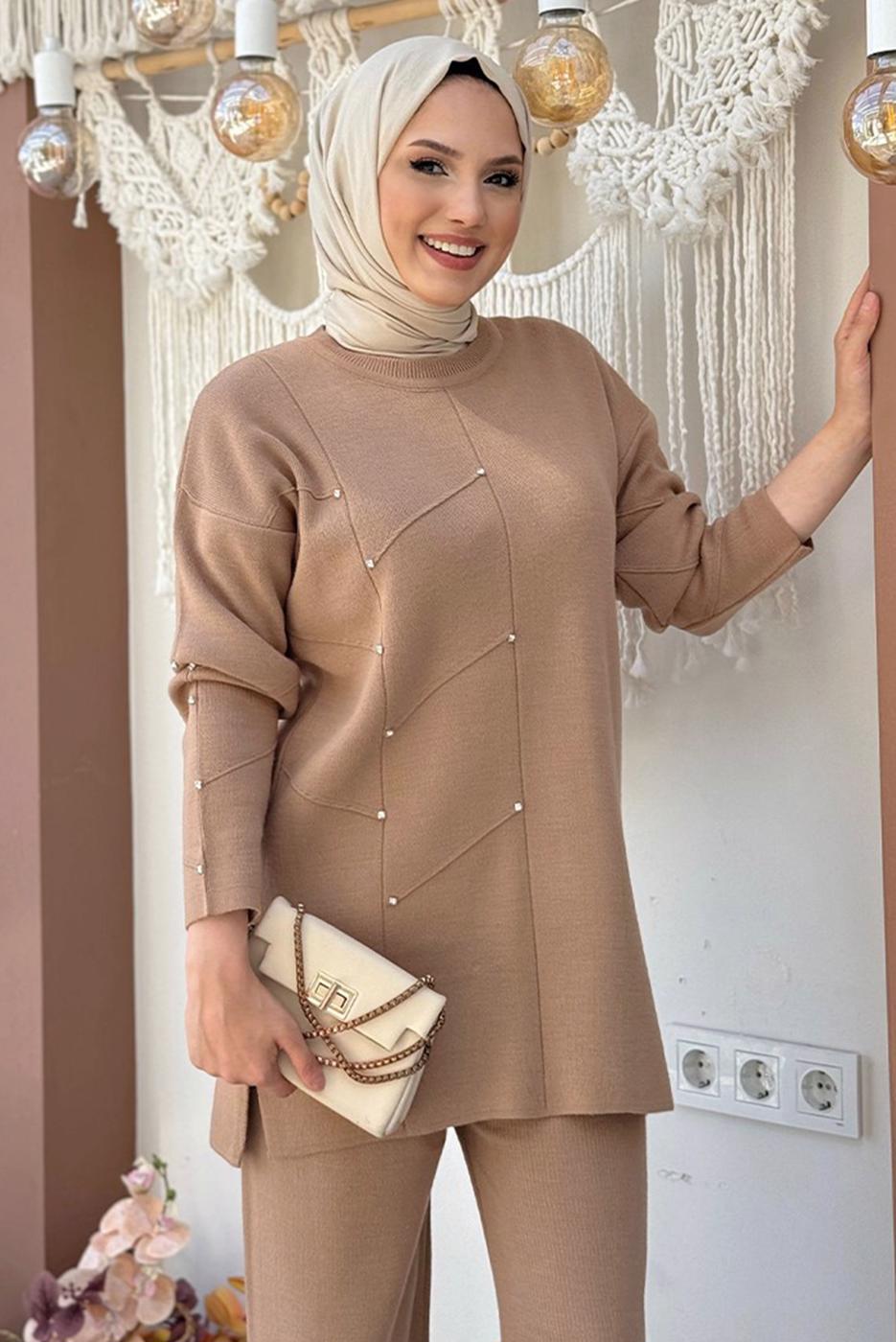 Tesettür giyim VİZON TAŞLI PANTOLONLU TRİKO TAKIM T 5451-2