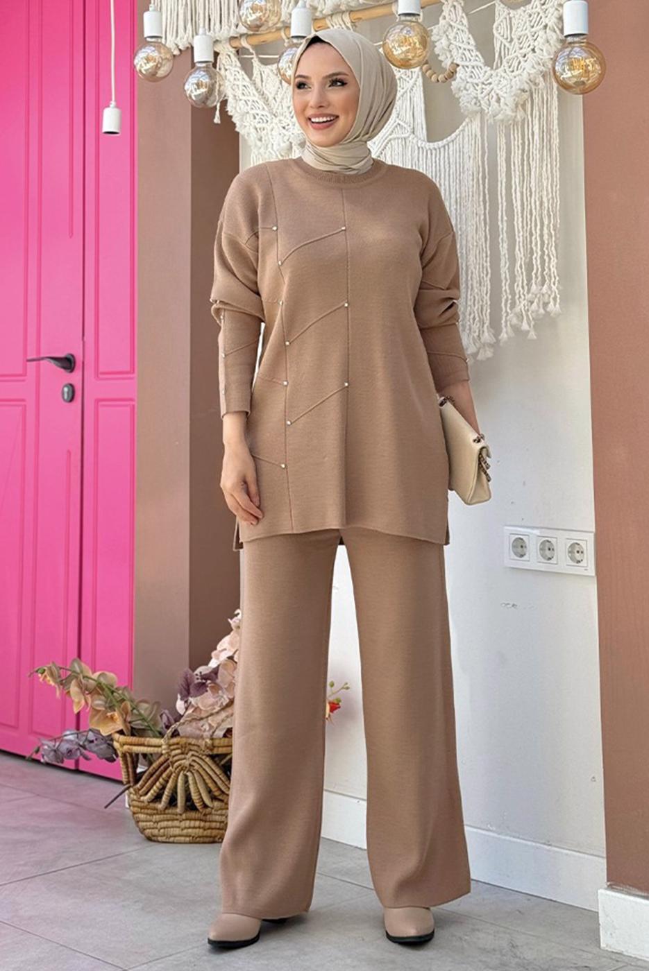 Tesettür giyim VİZON TAŞLI PANTOLONLU TRİKO TAKIM T 5451-2