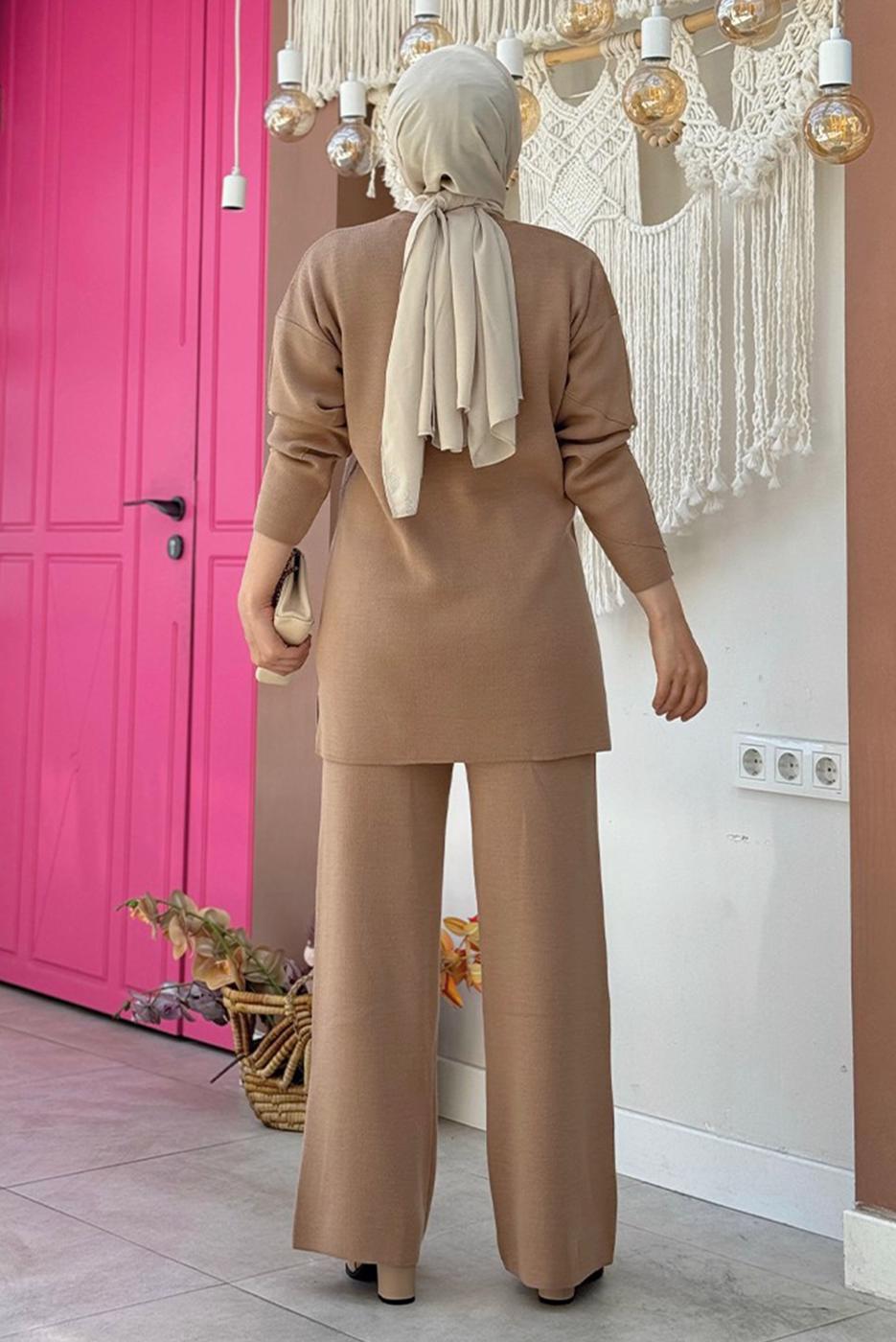 Tesettür giyim VİZON TAŞLI PANTOLONLU TRİKO TAKIM T 5451-2