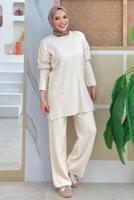 Vêtements hijab BEIGE PANTALON DE COSTUME EN MAILLE AVEC BIJOU T 5451-2