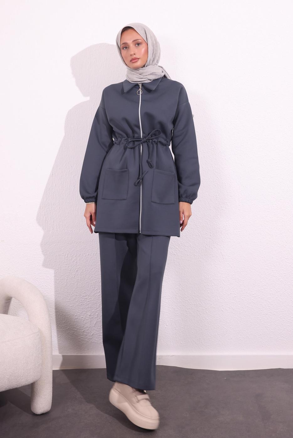 Tesettür giyim GRİ PANTOLONLU SCUBA TAKIM T 5654