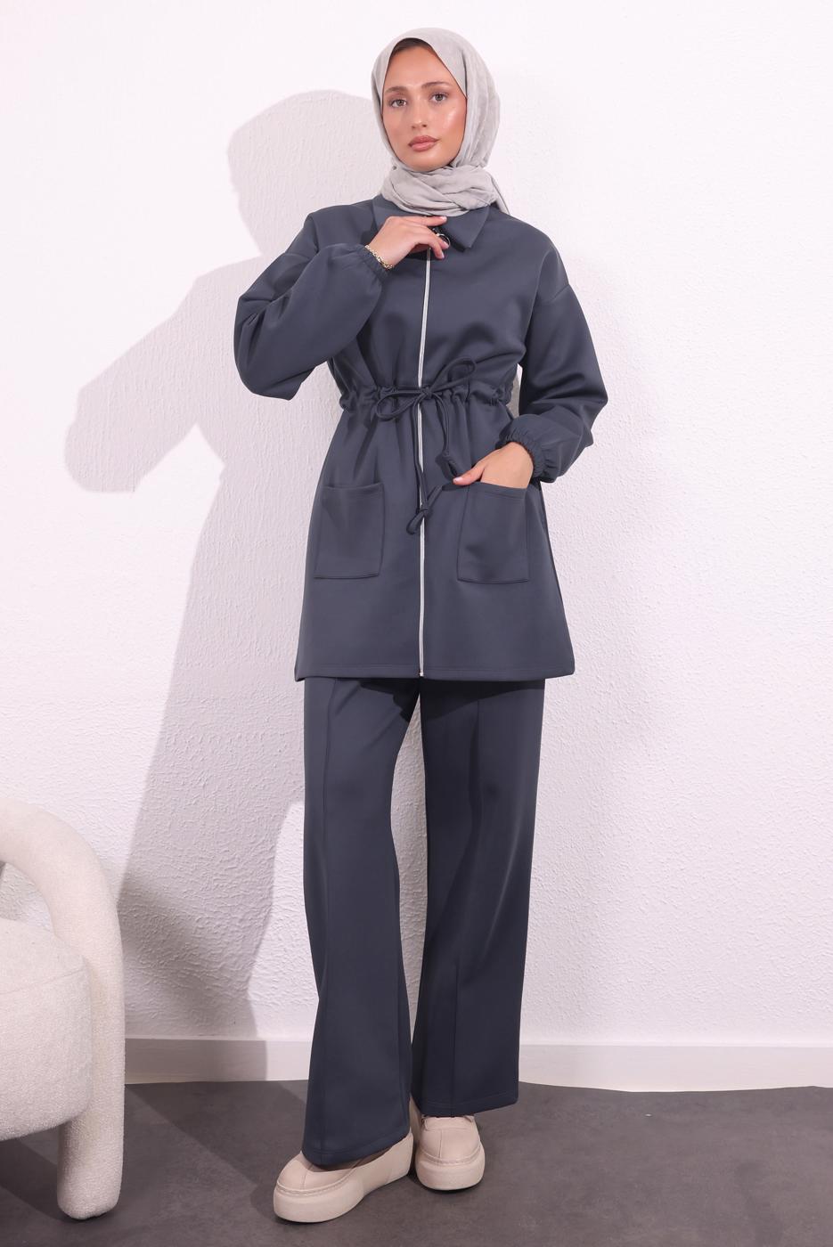 Tesettür giyim GRİ PANTOLONLU SCUBA TAKIM T 5654