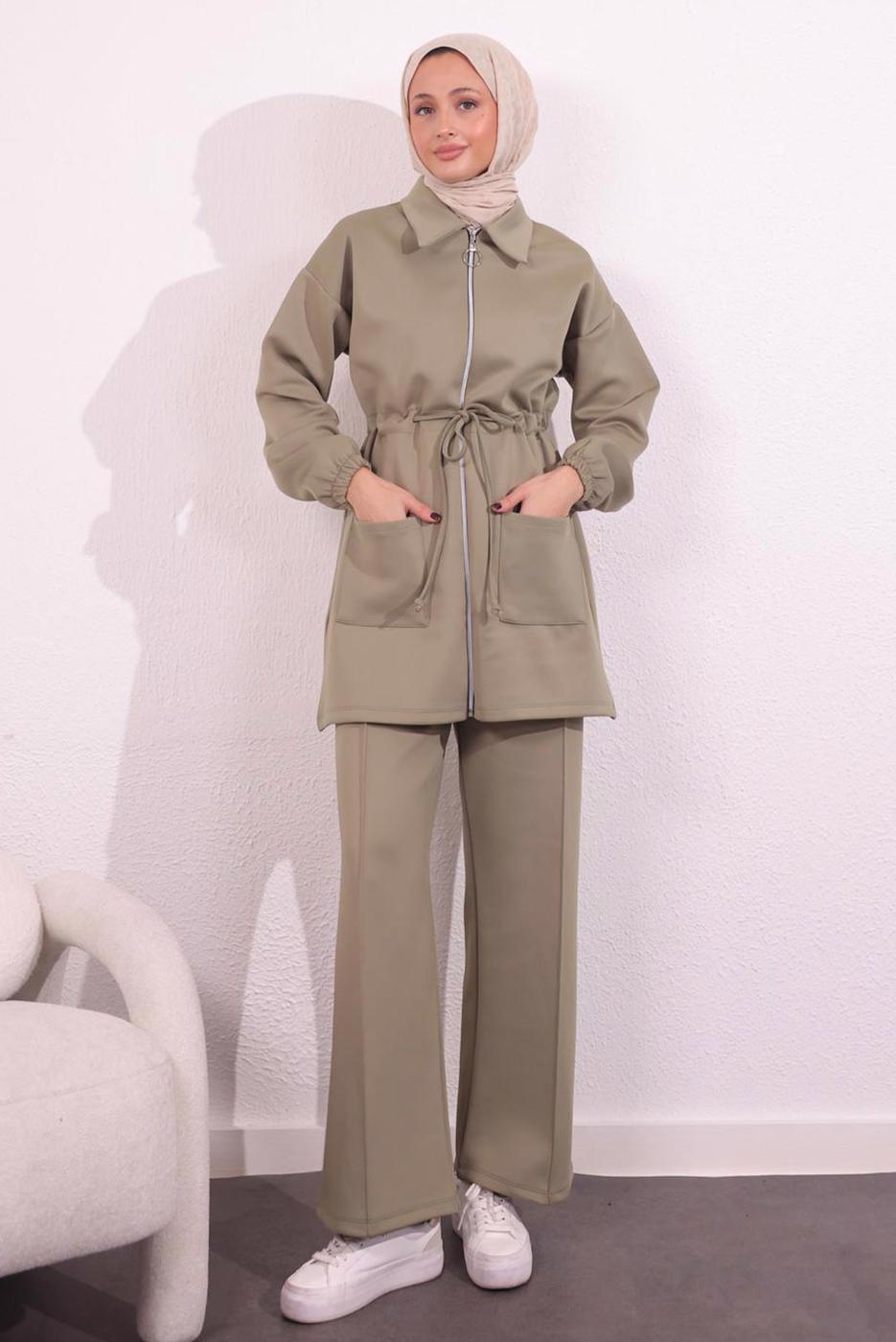 Tesettür giyim YEŞİL PANTOLONLU SCUBA TAKIM T 5654