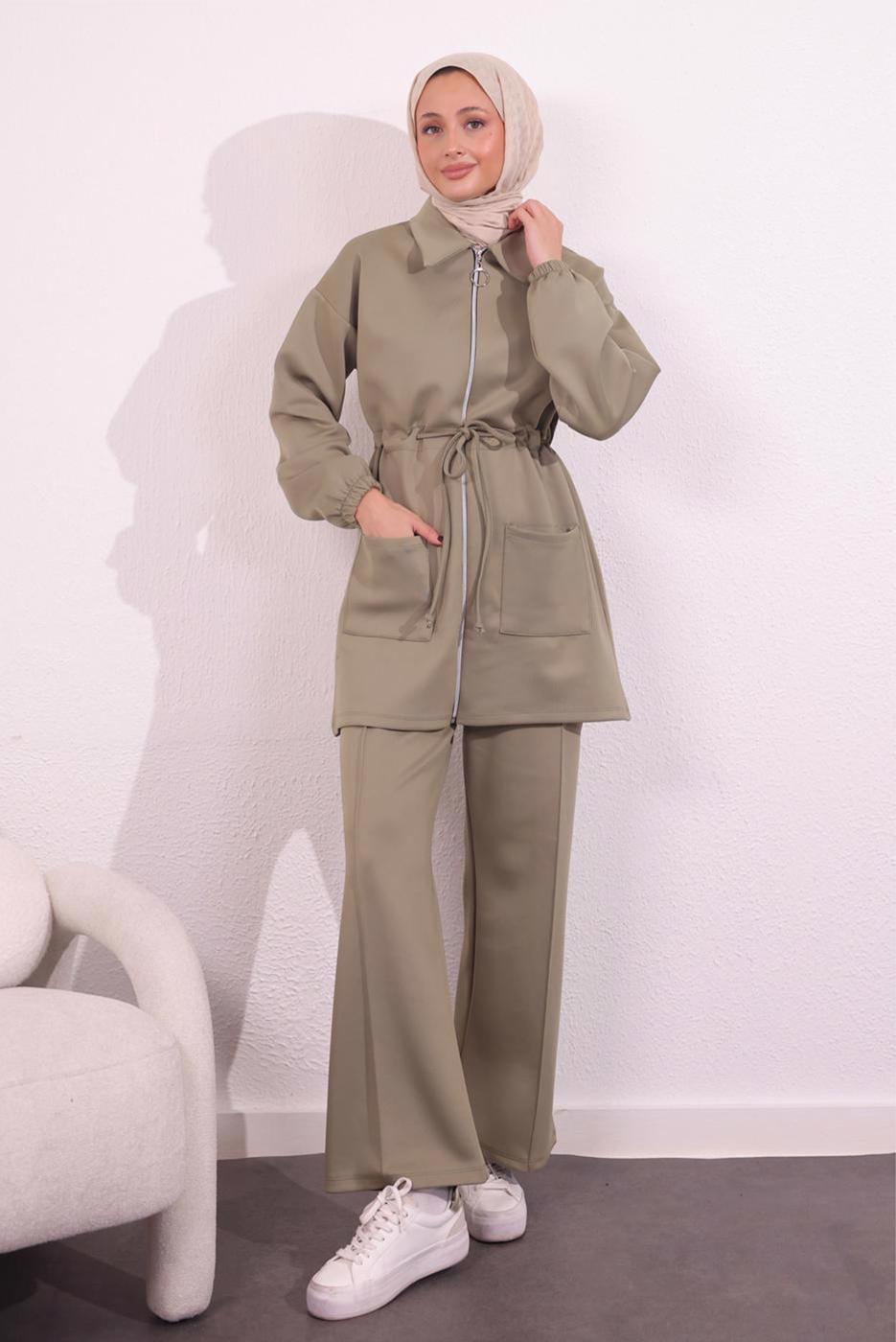 Tesettür giyim YEŞİL PANTOLONLU SCUBA TAKIM T 5654