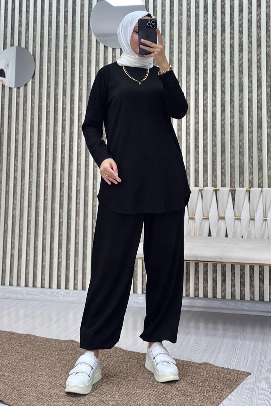 Tesettür giyim SİYAH BELİ LASTİKLİ PANTOLONLU TAKIM T 5690