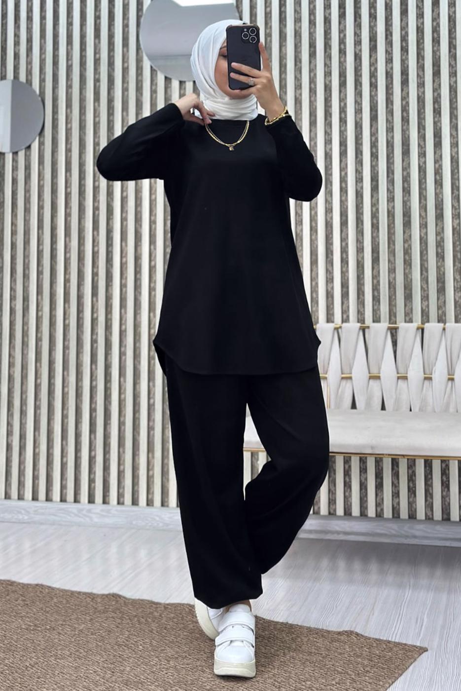 Tesettür giyim SİYAH BELİ LASTİKLİ PANTOLONLU TAKIM T 5690