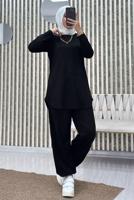 Tesettür giyim SİYAH BELİ LASTİKLİ PANTOLONLU TAKIM T 5690