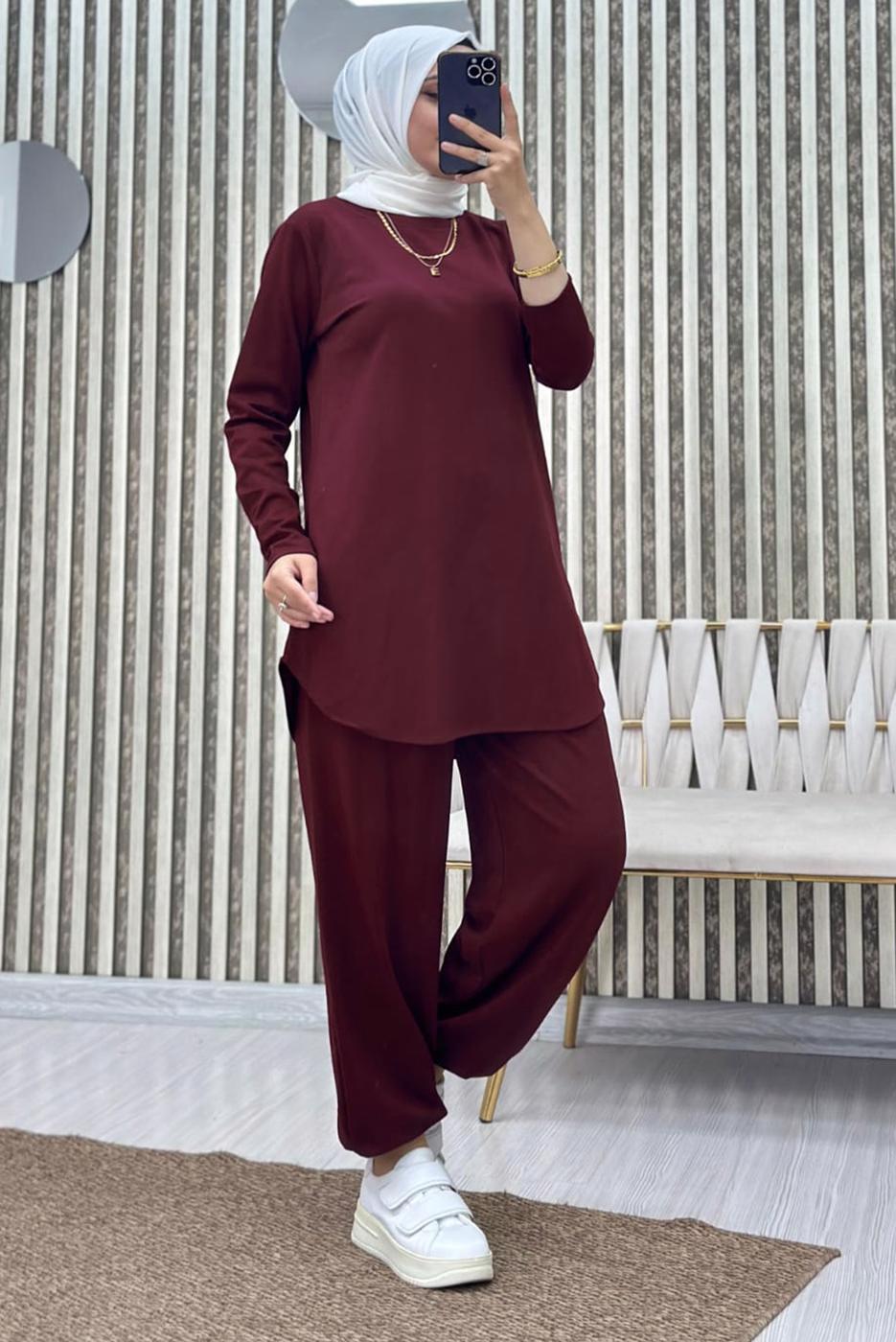 Tesettür giyim BORDO BELİ LASTİKLİ PANTOLONLU TAKIM T 5690