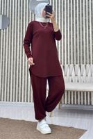Tesettür giyim BORDO BELİ LASTİKLİ PANTOLONLU TAKIM T 5690