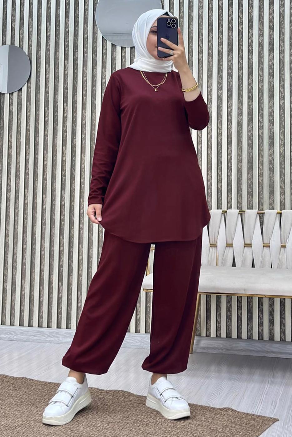 Tesettür giyim BORDO BELİ LASTİKLİ PANTOLONLU TAKIM T 5690