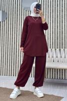 Tesettür giyim BORDO BELİ LASTİKLİ PANTOLONLU TAKIM T 5690