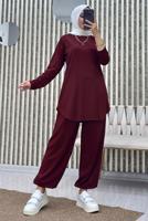 Tesettür giyim BORDO BELİ LASTİKLİ PANTOLONLU TAKIM T 5690