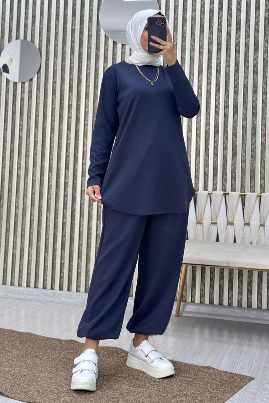 Tesettür giyim LACİVERT BELİ LASTİKLİ PANTOLONLU TAKIM T 5690