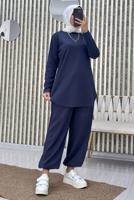 Tesettür giyim LACİVERT BELİ LASTİKLİ PANTOLONLU TAKIM T 5690