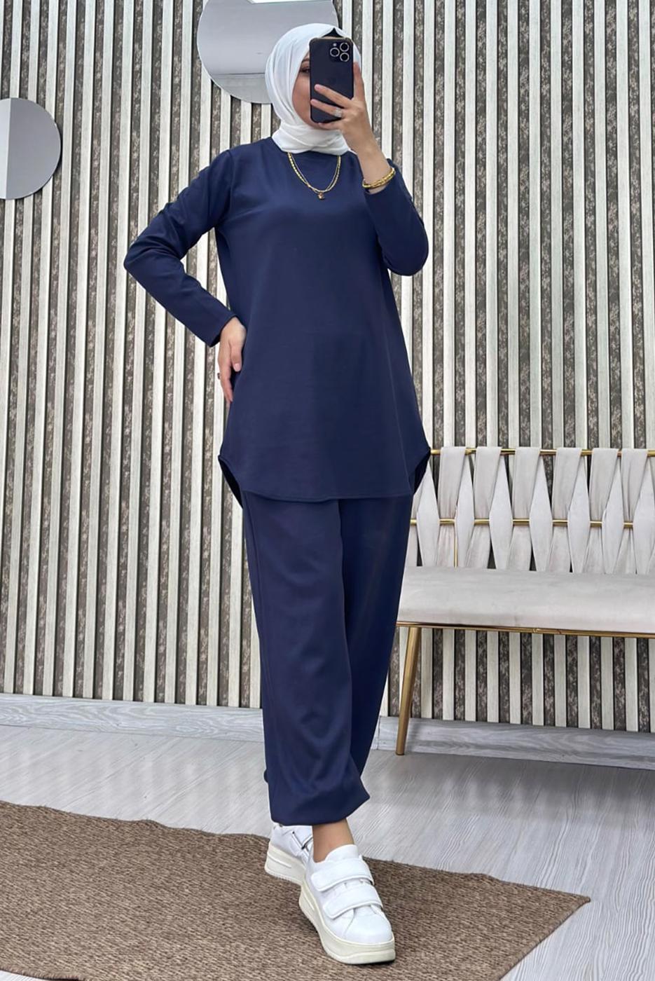 Tesettür giyim LACİVERT BELİ LASTİKLİ PANTOLONLU TAKIM T 5690