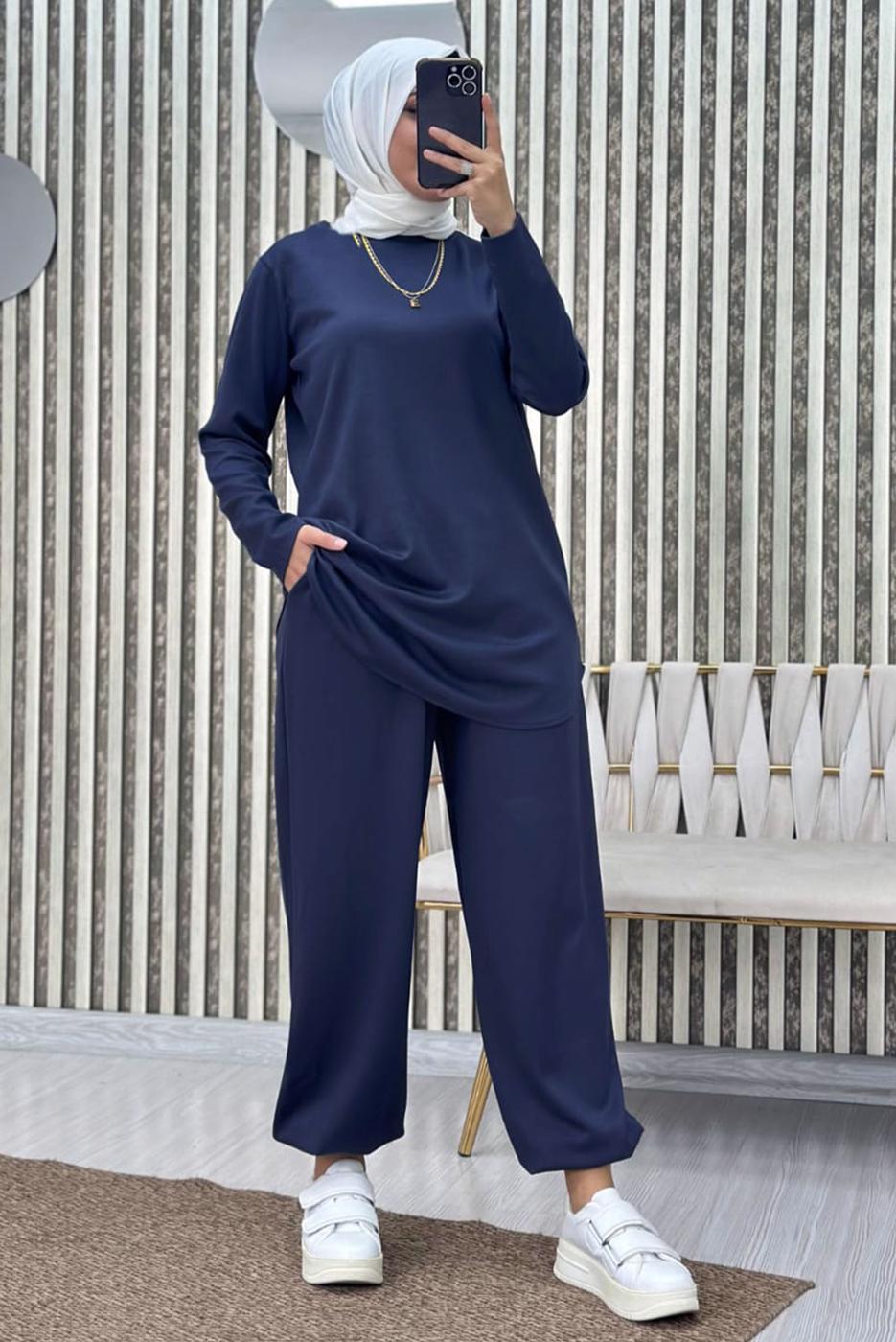 Tesettür giyim LACİVERT BELİ LASTİKLİ PANTOLONLU TAKIM T 5690